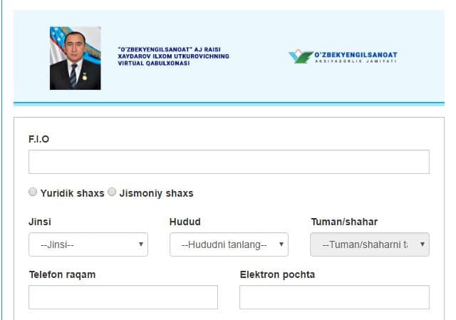 Ilhom Haydarov boshqaruvidagi “O‘zbekengilsanoat” aksiyadorlik jamiyati virtual qabulxonasi ishga tushdi