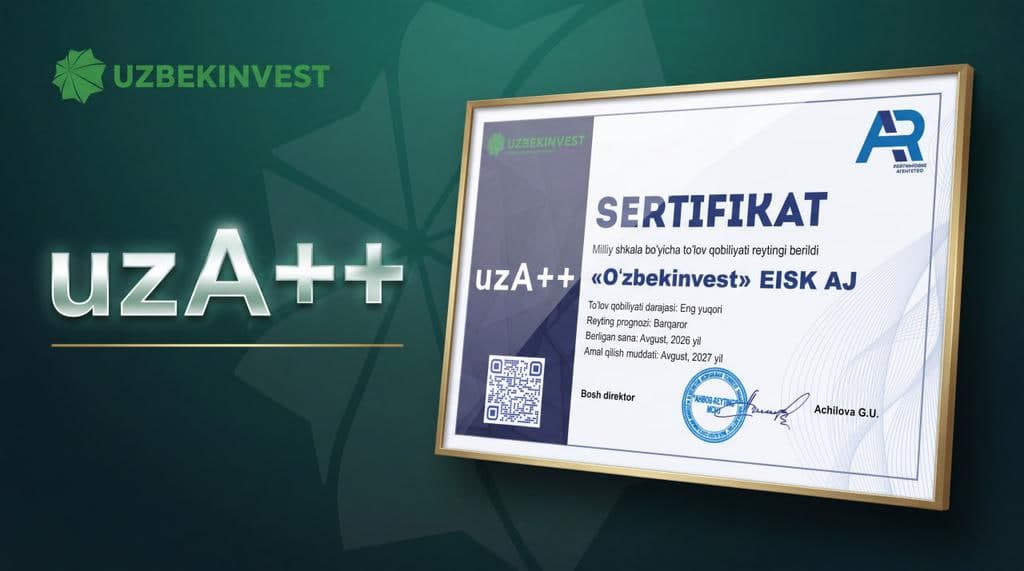 «O‘zbekinvest» eng yuqori «uzA++» to‘lovga qobiliyatlilik reytingini saqlab qoldi