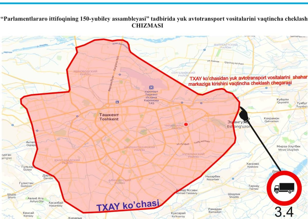 Toshkentda 9 aprelga qadar yuk mashinalari harakati to‘liq cheklanadi