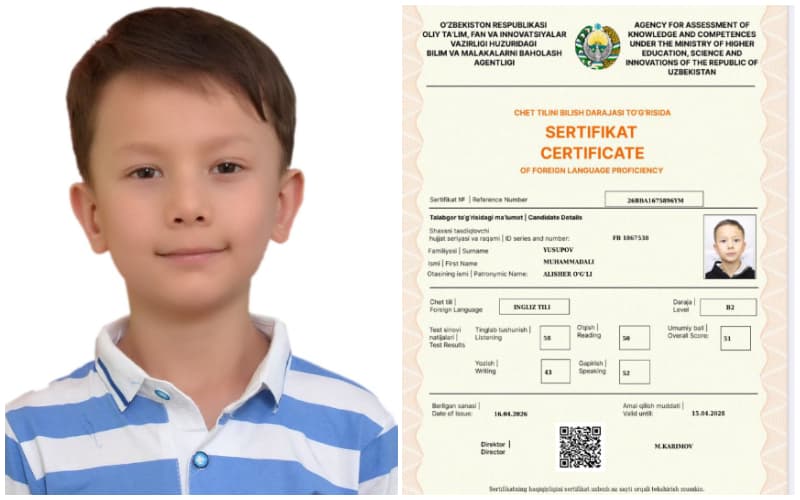 Navoiyda 8 yoshli o‘quvchi B2 sertifikatini qo‘lga kiritdi