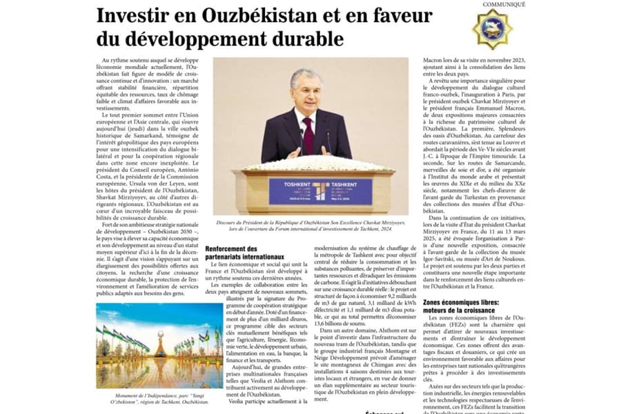 Le Figaro gazetasida O‘zbekiston haqida maqola chop etildi