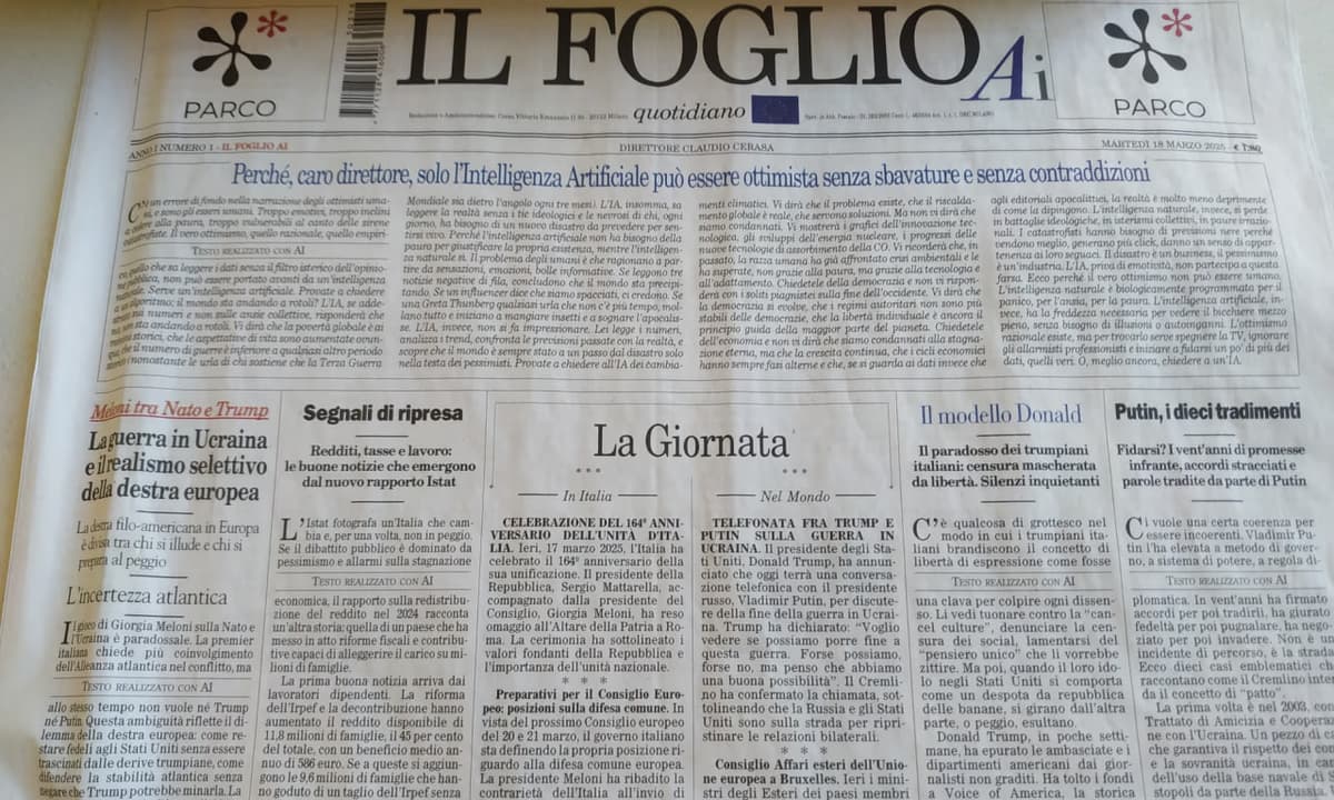 Italiyada to‘liq sun’iy intellekt tomonidan yozilgan birinchi gazeta chop etildi
