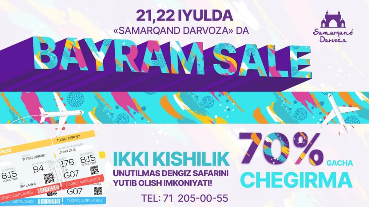 21-22 iyul kunlari “Samarqand Darvoza” SKM butun oilangiz uchun 70% gacha chegirmalarni e'lon qiladi