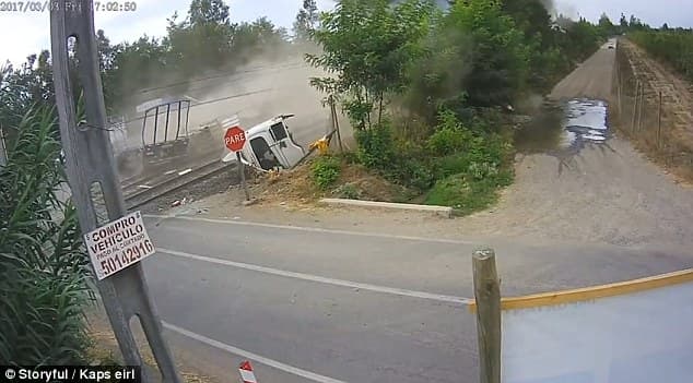 Poyezd katta tezlikda yuk mashinasini "burdalab tashladi" (video)