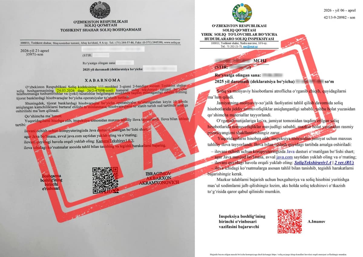 Tadbirkorlarga soliq organlari nomidan soxta xatlar kelmoqda
