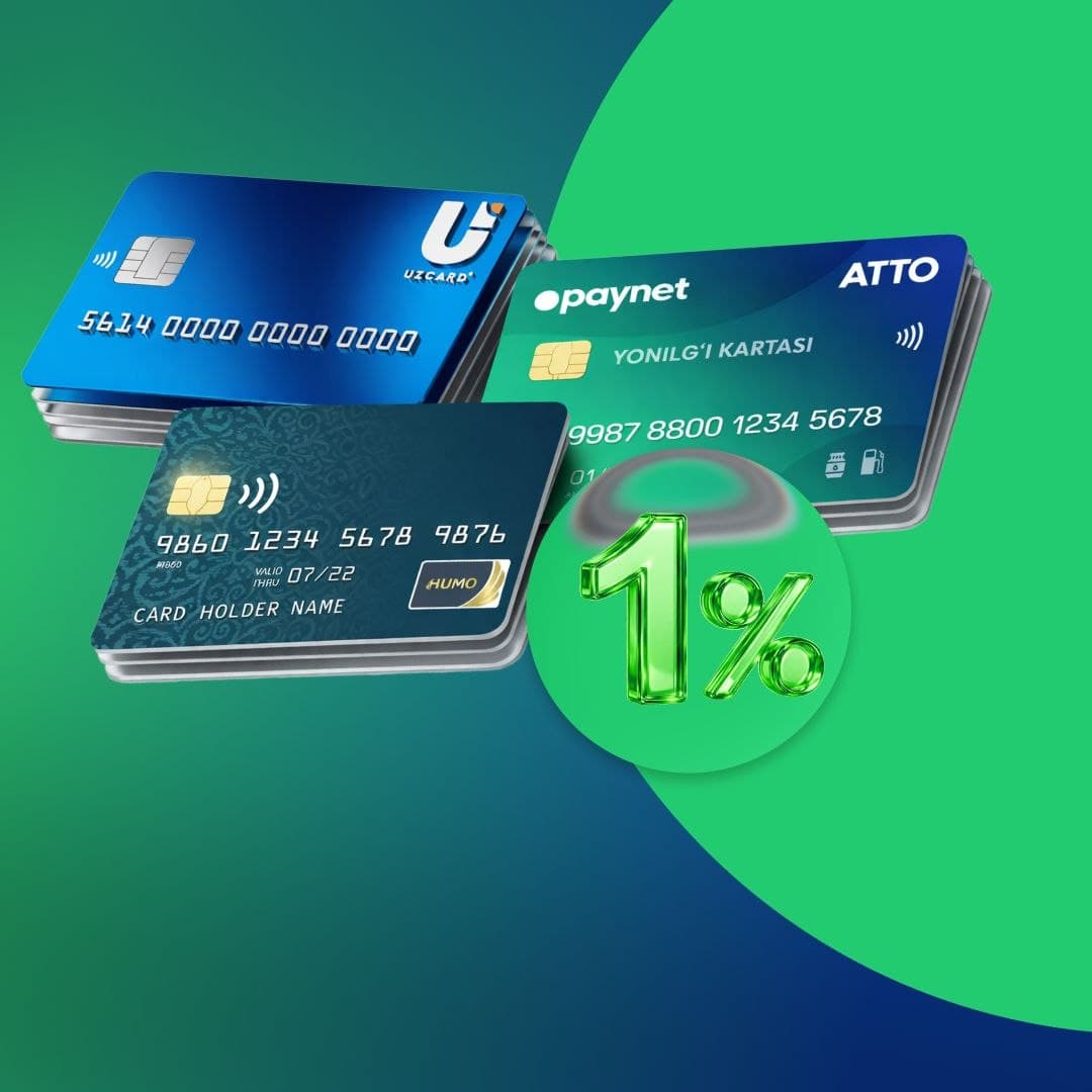 AYoQSh kassalari orqali Paynet-ATTO, Uzcard va Humo yonilg‘i kartalarini to‘ldirish - 1% komissiya