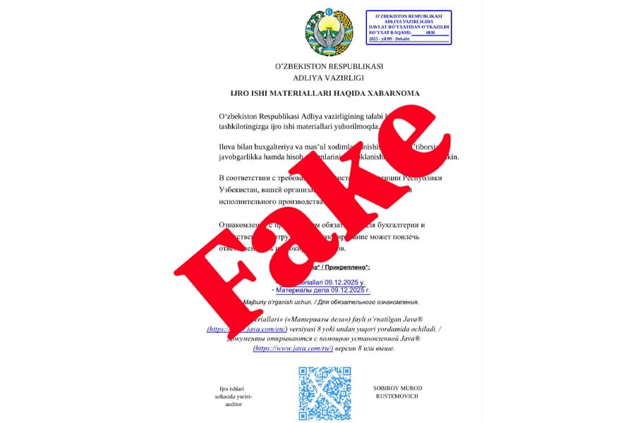 Adliya vazirligi feyk xat va havolalardan ogohlantirdi