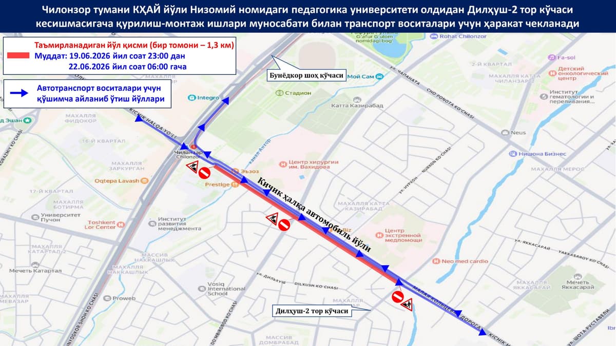 Chilonzorda Kichik halqa yo‘lida transport harakatiga cheklov joriy etiladi