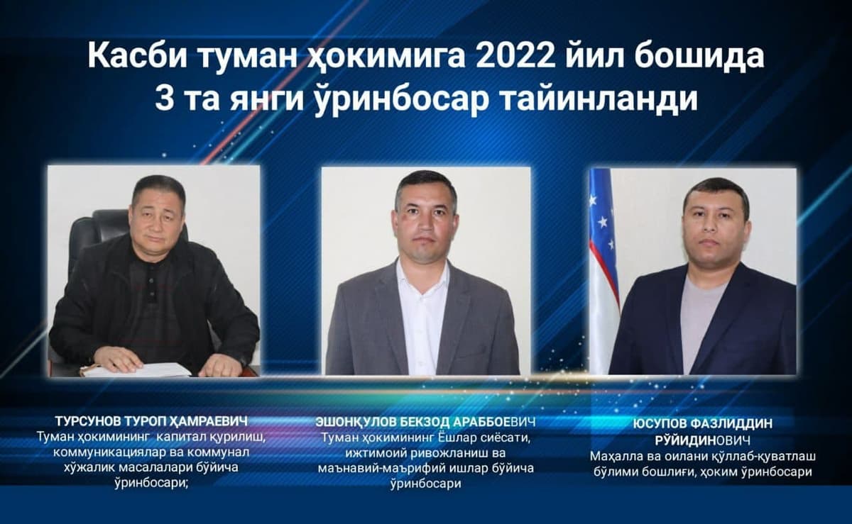 Qashqadaryodagi Kasbi tumani hokimiga uch nafar yangi o‘rinbosar tayinlandi